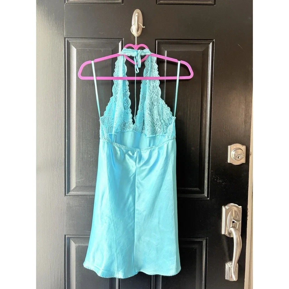 VTG Frederick’s of Hollywood Blue Satin Lace Dress Lingerie Size L Sexy Backless - Picture 6 of 11